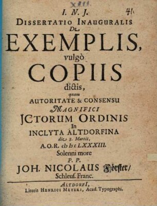 Dissertatio Inauguralis De Exemplis, vulgo Copiis dictis