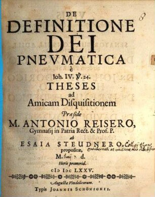 De definitione Dei pneumatica ... theses ad amicam disquisitiones