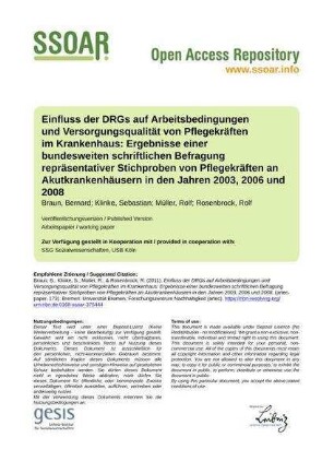 Einfluss der DRGs auf Arbeitsbedingungen und Versorgungsqualität von Pflegekräften im Krankenhaus: Ergebnisse einer bundesweiten schriftlichen Befragung repräsentativer Stichproben von Pflegekräften an Akutkrankenhäusern in den Jahren 2003, 2006 und 2008