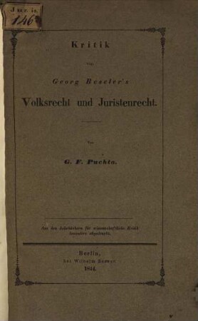Kritik von Georg Beseler's Volksrecht und Juristenrecht