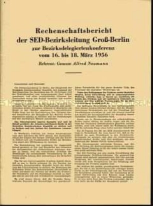 Sonderdruck mit dem Rechenschaftsbericht der SED-Bezirksleitung Berlin auf der Bezirksdelegiertenkonferenz März 1956
