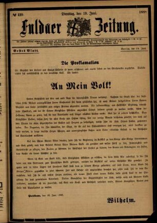 Erste Ausgabe vom Dienstag, den 19. Juni 1888.