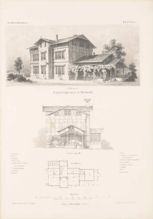 Bahnhofsgebäude, Marksuhl: Grundriss, Perspektivische Ansicht von der Bahnseite, Seitenansicht (aus: Architektonisches Skizzenbuch, H. 57/4, 1862)