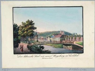 Der Böhmische Saal am Flüsschen Tepl in Karlsbad in Böhmen (heute Hotel Pupp an der Teplá in Karlovy Vary in Tschechien)