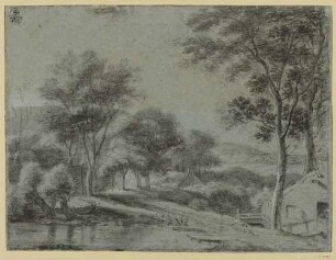 Landschaft mit Hütte, zu der ein Steg führt