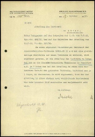 Schreiben; AIDR an DAI Athen (Anschreibelisten-Vordrucke)