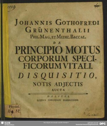 De Principio Motus Corporum Specificorum Vitali. : Disquisitio, Notis Adjectis Aucta