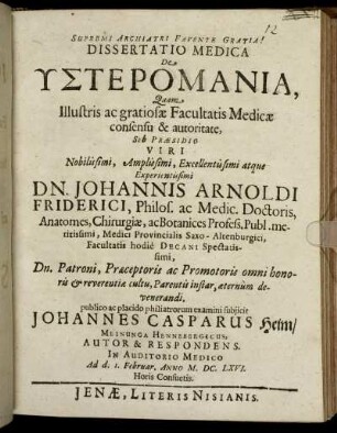 Dissertatio Medica De Ysteromania