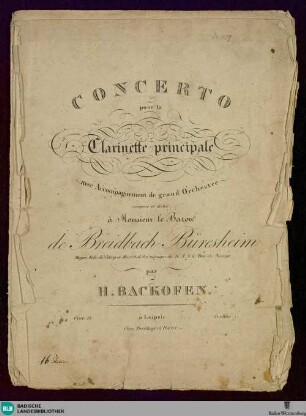 Concerto pour la clarinette principale : avec accompagnement de grand orchestre; oeuv. 24