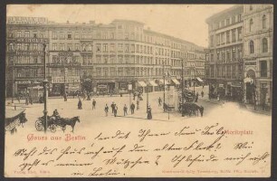 Ansichtskarte Straßenkreuzung mit Verkehrsinsel und Pferdekutschen, Moritzplatz [3/3]