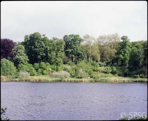 Potsdam, Park Babelsberg, Blick über den Tiefen See auf den Park, Mit Rosentreppe.