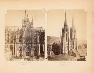 Dom, Köln / Elisabethkirche, Marburg: Ansicht des Südportals des Kölner Doms und Ansicht der Westfassade mit der Westfassade der Elisabethkirche in Marburg