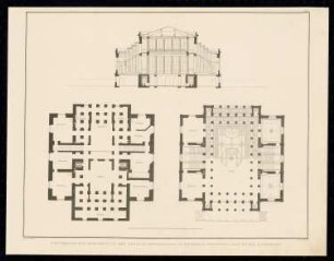 Gesellschaftshaus im Friedrich-Wilhelms-Garten, Magdeburg: Querschnitt, Grundrisse (aus: Sammlung Architektonischer Entwürfe, Berlin 1858)