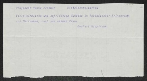 Brief von Gerhart Hauptmann an Hanns Fechner