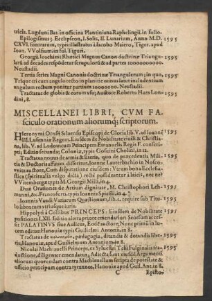 Miscellanei Libri, Cum Fasciculo orationum aliorumque scriptorum.