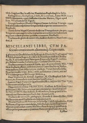 Miscellanei Libri, Cum Fasciculo orationum aliorumque scriptorum.