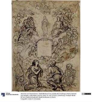 Titelblattentwurf: Die unbefleckte Empfängnis Mariä, flankiert von Heiligen, unten Adam und Eva