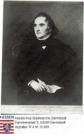 Liebig, Justus Freiherr v., Prof. Dr. med., Dr. phil. (1803-1873) / Porträt, sitzend, rechtsblickend, Kniestück