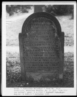 Grabstein von Menachem Melas, Sohn des Uri, Zum hinter Affen (gestorben 1720.03.07)