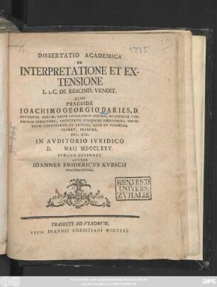 Dissertatio Academica De Interpretatione Et Extensione L. 2. C. De Rescind. Vendit.