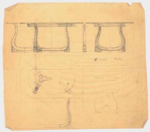 Entwurf eines Tischs : Seiten- und Draufsicht, sowie Schnittzeichnung eines ovalen Tischs; handschrifltiche Maßangaben