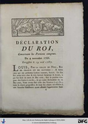 Déclaration Du Roi, Concernant les Portions congrues.
