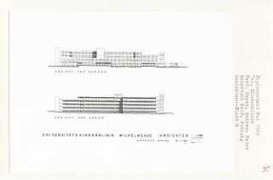 Universitätsklinik Wilhelmsaue, Berlin-Wilmersdorf (Diplomarbeit bei Peter Poelzig): Ansichten von Norden und Süden 1:200