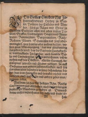 Von Gottes Gnaden Wir Johannes friederich Hertzog zu Stettin ...
