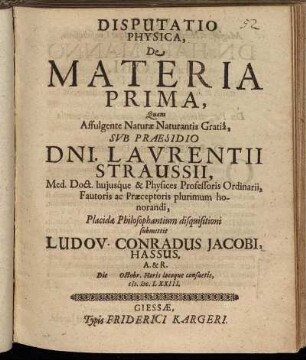 Disputatio Physica, De Materia Prima