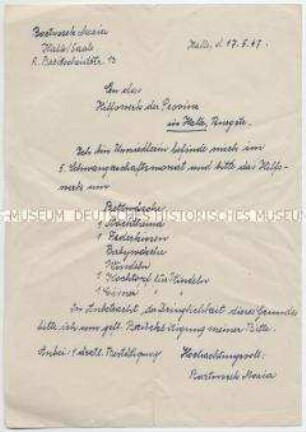 Handschriftlicher Antrag einer schwangeren Umsiedlerin auf Unterstützung