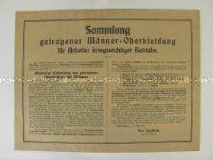 Maueranschlag aus dem 1. Weltkrieg mit der Aufforderung zur Sammlung von Kleidungsstücken