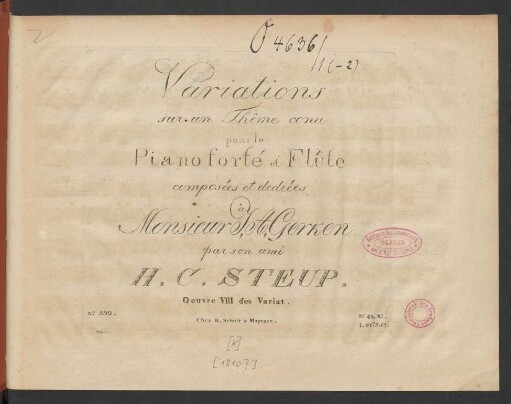 Variations sur un Thême conu pour le Pianoforté et Flûte : Oeuvre VIII des Variat.