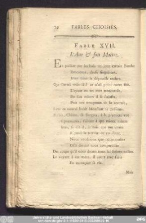 Fable XVII. L'Ane & son Maître.