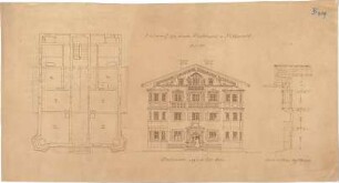 Thiersch, August ; Mittenwald (Bayern); Entwurf Mietshaus - Grundriss, Ansicht, Schnitt
