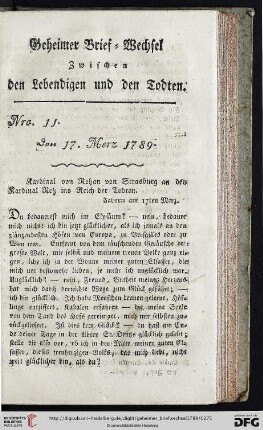 Geheimer Brief-Wechsel zwischen den Lebendigen und den Todten Nro. 11