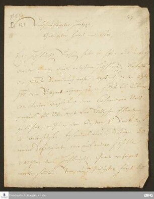 Brief von August Hermann Francke an Eberhard Ludwig v. Württemberg.