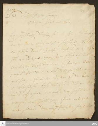 Brief von August Hermann Francke an Eberhard Ludwig v. Württemberg.