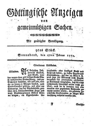 9tes Stück. Sonnabend, den 27ten Februar 1779.