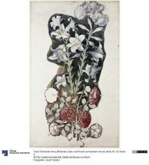Blühende Lilien und Rosen auf dunklem Grund