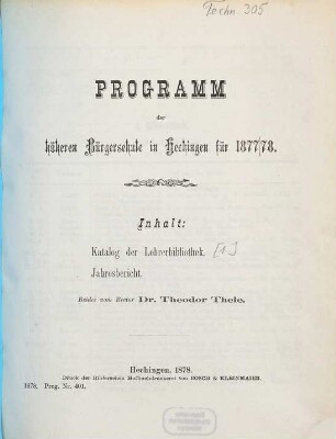 Programm der Höheren Bürgerschule in Hechingen : für das Schuljahr .... 1877/78