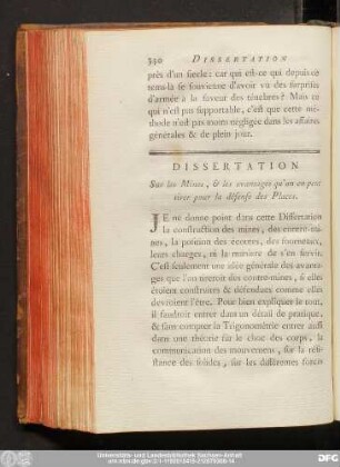 Dissertation Sur les Mines, & les avantages qu'on en peut tirer pour la défense des Places.