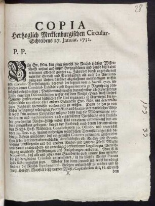 Copia Hertzoglich Mecklenburgischen Circular-Schreibens 27. Januar. 1732