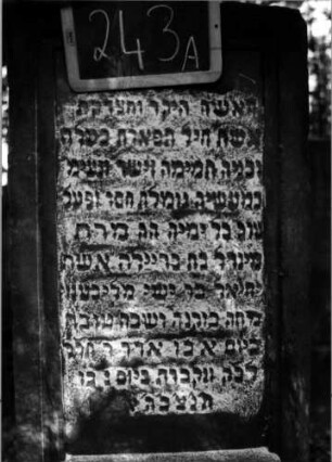 Grabstein 243 (Index: 100112124) Material: Sandstein Zustand: verwittert Maße HxBxT: 158x50x40 cm Beschreibung: rechteckige Stele, profilierter Sockel, Schriftfelder eingetieft: Grabstein 243A