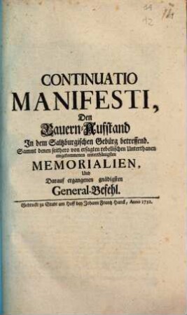 Continuatio Manifesti, den Bauern-Auffstand in dem Saltzburgischen Gebürg betreffend