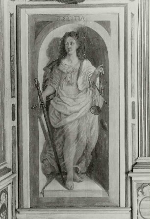 Justitia (Gerechtigkeit) : Justitia (Gerechtigkeit). Wohl Öl auf Holz (ab 1634; C. Schiebling). Radebeul, Hoflößnitz, Berg- und Lusthaus, Festsaal, Südseite