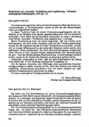 84-86, Reaktionen auf "Cannabis - Prohibition und Legalisierung", Kriminalsoziologische Bibliographie, Heft 26-27