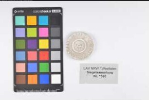 Siegler: Hunteburg, Burgmannschaft Überlieferungsart: Nachbildung. Stoff: Gips Farbe: ungefärbt Form: rund. Durchmesser: 36 mm Art: Typ: Umschrift: