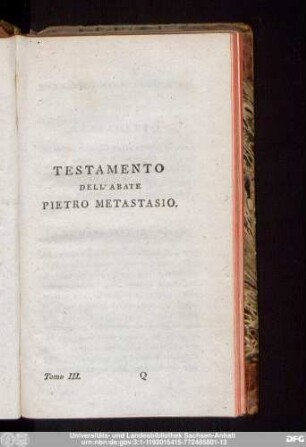 Testamento Dell' Abate Pietro Metastasio.