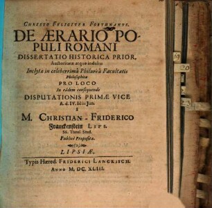 De aerario populi Romani dissertatio historica prior