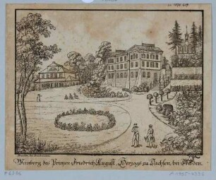 Die alte Königliche Villa (Palais) des Königs Friedrich August II. am Weinberg in Wachwitz bei Dresden, links das alte Gärtnerhaus, später Küchenhaus, rechts die neogotische Kapelle